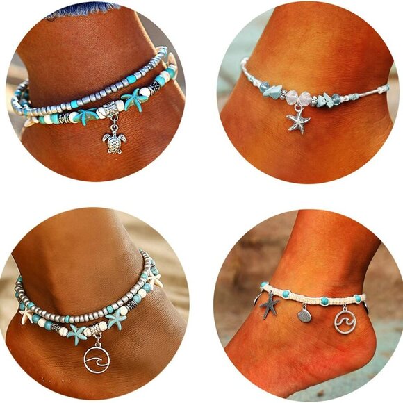 Blue Starfish Turtle Anklet Multilayer Charm Beads Sea Handmade Boho Anklet Foot - Picture 9 of 9
